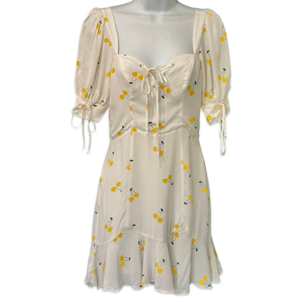 For Love & Lemons White Yellow Cherry Ashland Lace Up Mini Dress size XS NEW Tag